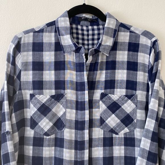 Velvet Heart plaid navy and white button down large cotton - Picture 2 of 7